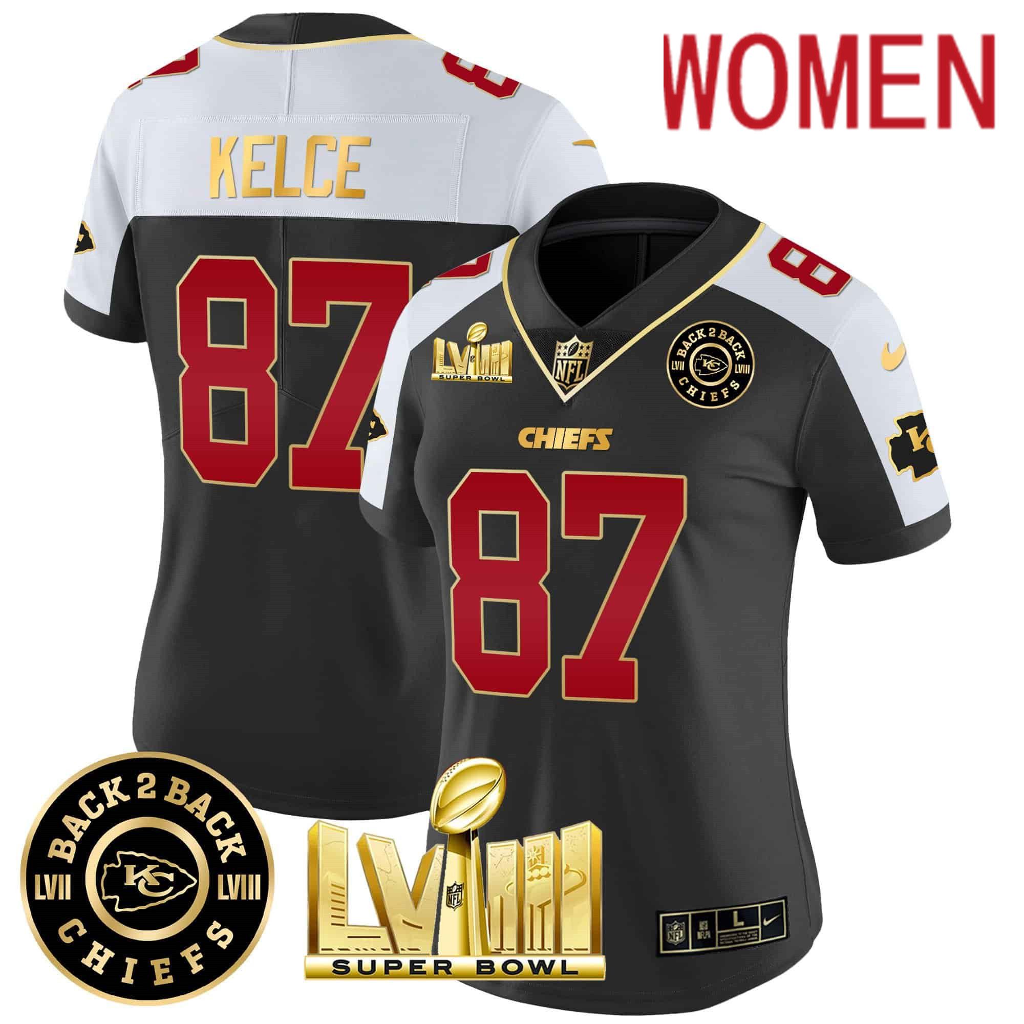 Women Kansas City Chiefs #87 Kelce Black 2024 Nike Super Bowl LVIII & Back-2-Back Patch Vapor NFL Jersey->women nfl jersey->Women Jersey